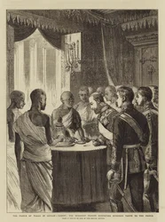 De Prins van Wales in Ceylon, Kandy, de boeddhistische priesters tonen de tand van Boeddha aan de prins